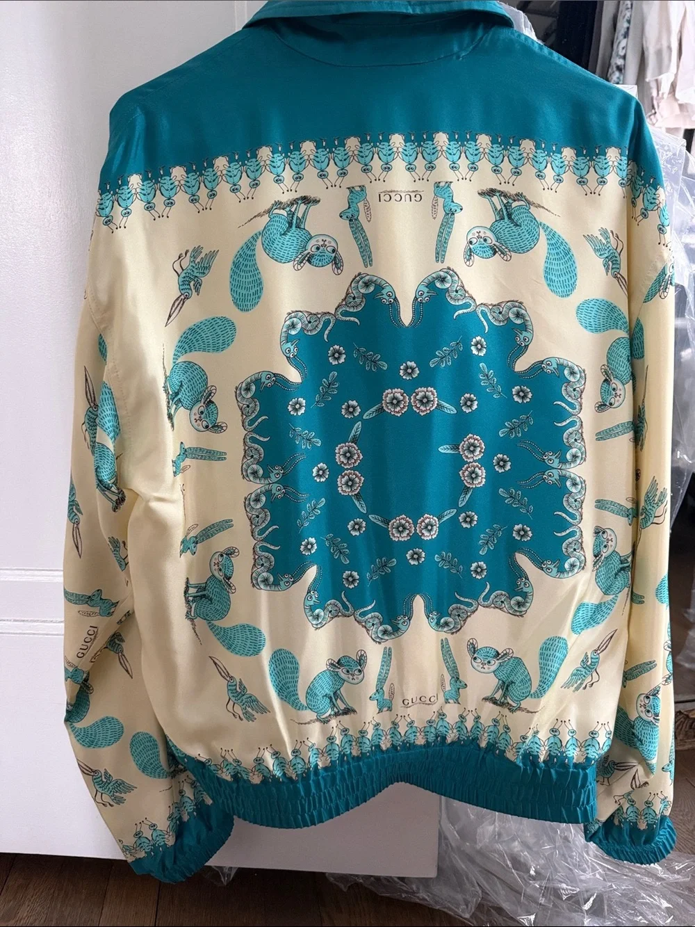 Gucci Teal and Cream Silk-Blend Printed Bomber